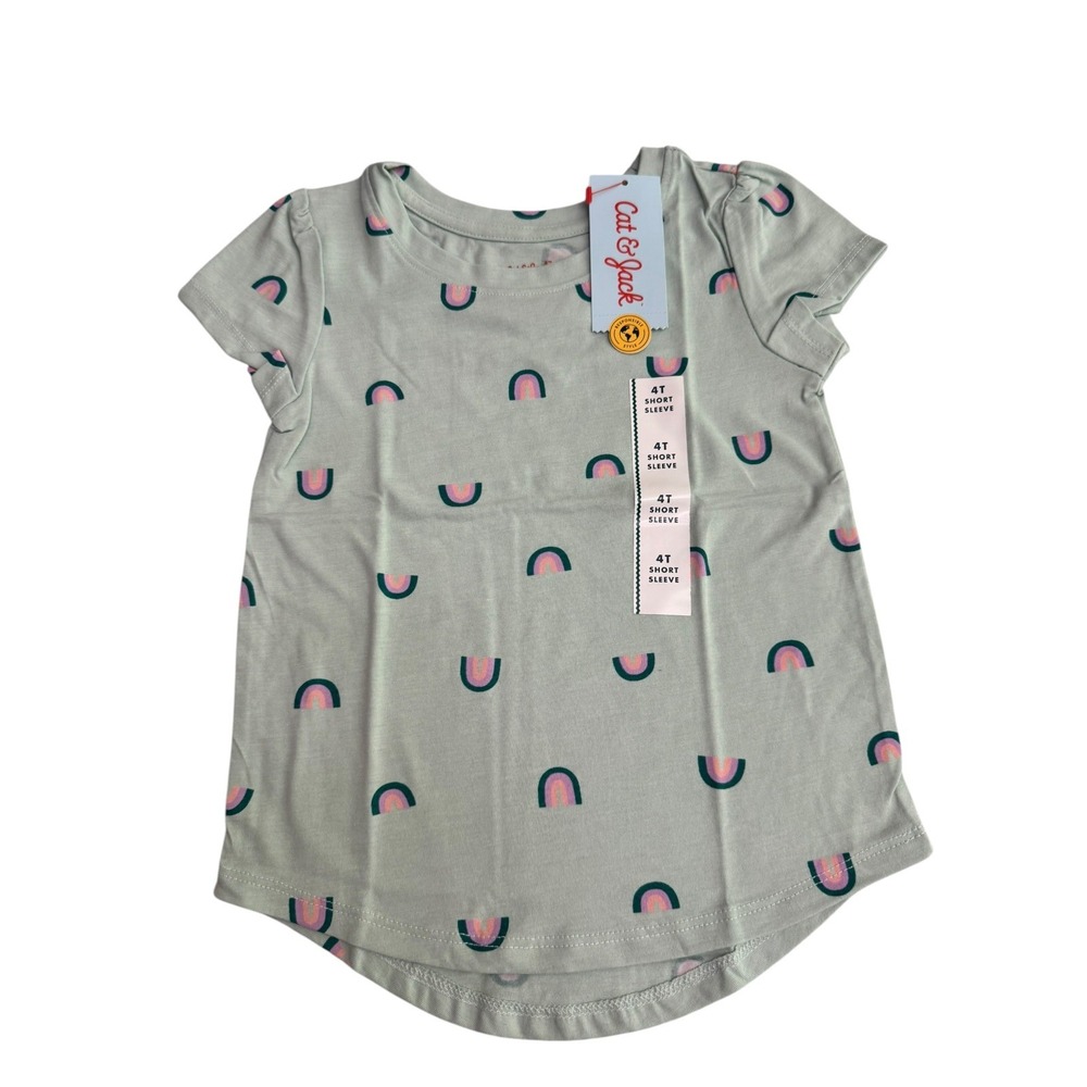 Cat & Jack Girls 4T Sage Green Rainbow Print Short Sleeve T-Shirt NWT